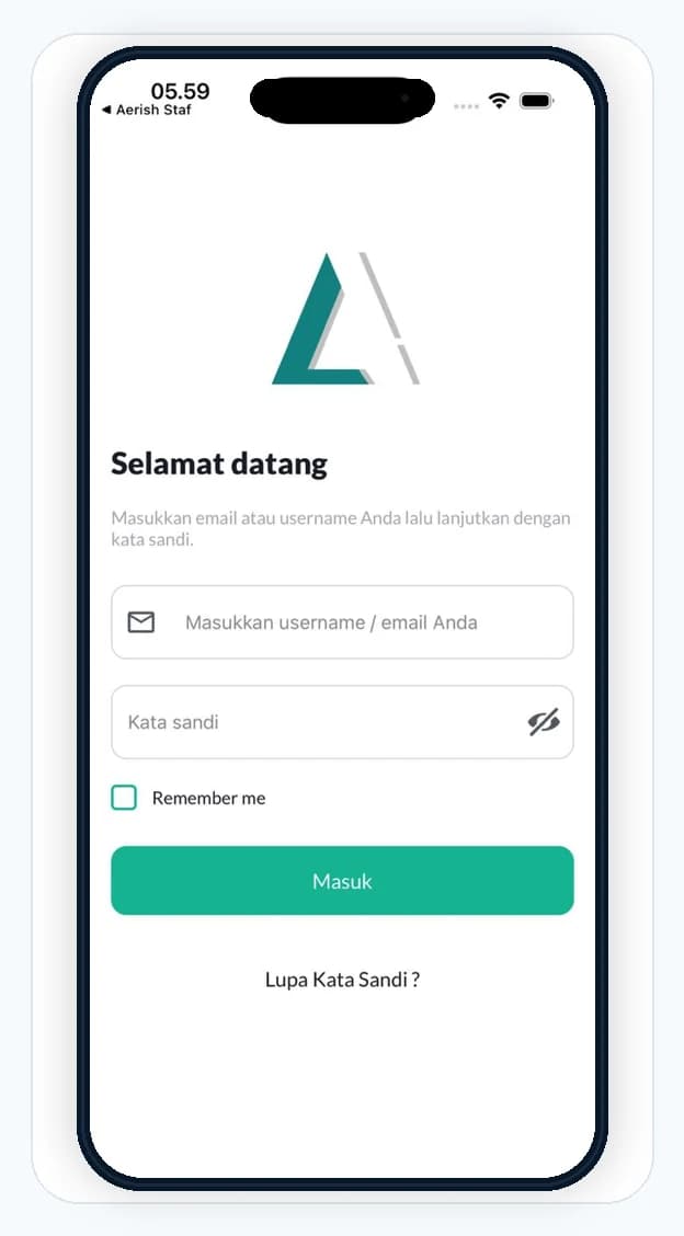 Tampilan login mobile Aerish dalam frame iPhone
