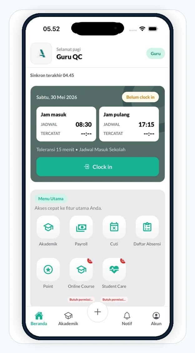 Tampilan mobile absensi staf Aerish dalam frame iPhone
