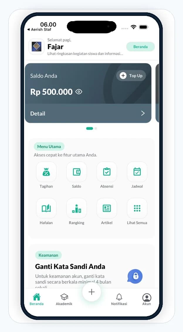 Tampilan mobile saldo siswa Aerish dalam frame iPhone